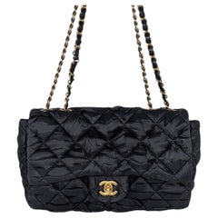 Chanel Black Satin Quilted Pleated Medium Single Flap