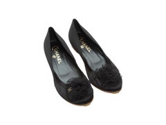 Chanel Black Satin Rosette-Accented Ballet Flats