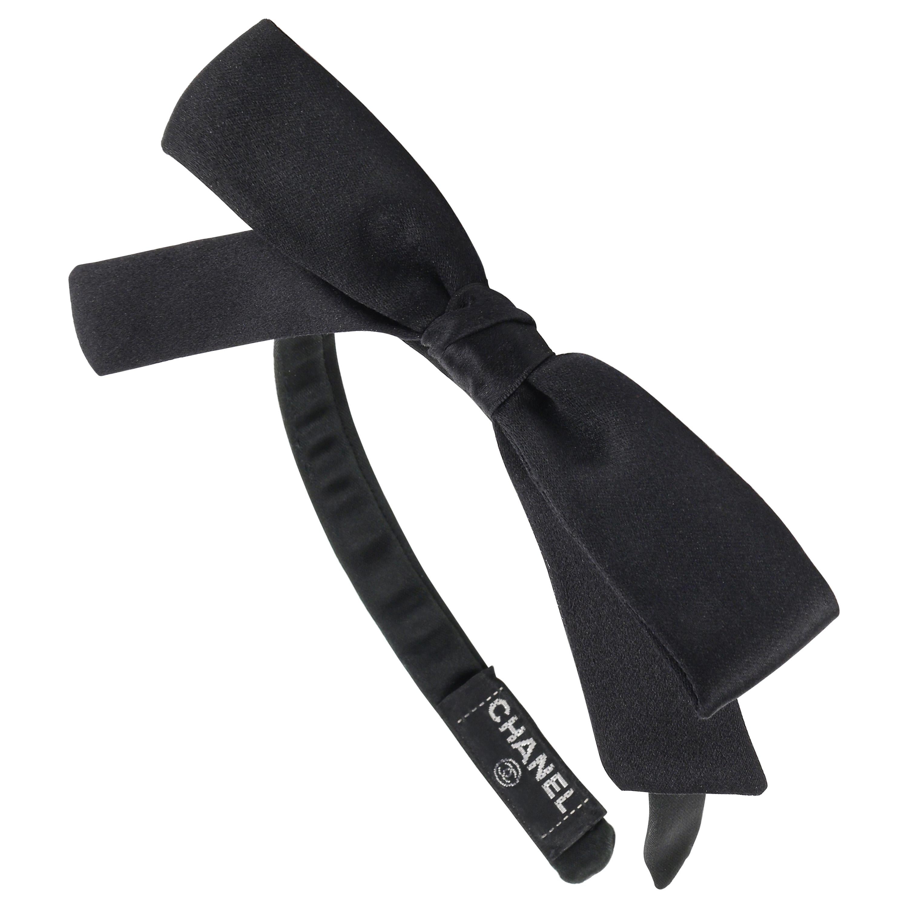 CHANEL Black Satin Silk Narrow Classic Bow Covered Structured Headband  Headpiece