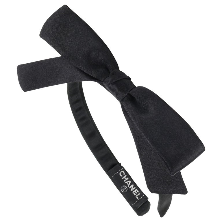 CHANEL Black Satin Silk Narrow Classic Bow Covered Structured Headband ...