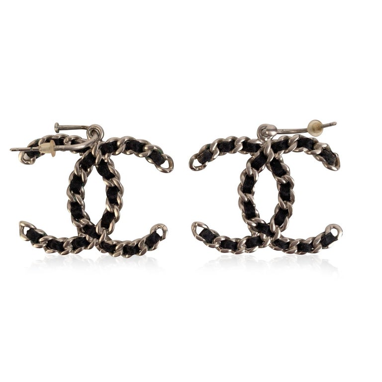 Chanel Black Satin Silver Metal CC Chain Logo Dangle Earrings at