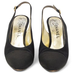 CHANEL black SATIN Slingback Pumps Shoes 38 VINTAGE