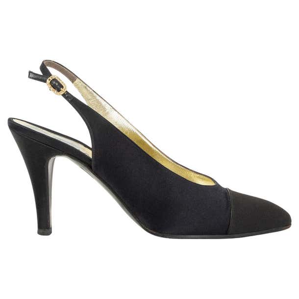 CHANEL black SATIN Slingback Pumps Shoes 38 VINTAGE For Sale at 1stDibs ...