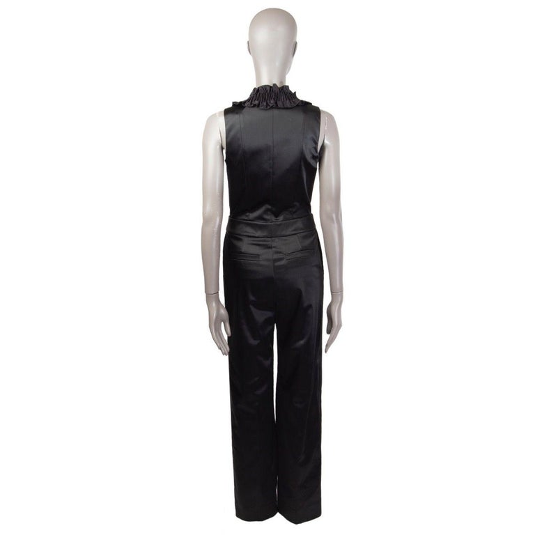Black CHANEL black satin Smocked Ruffle Jumpsuit 36 XS For Sale