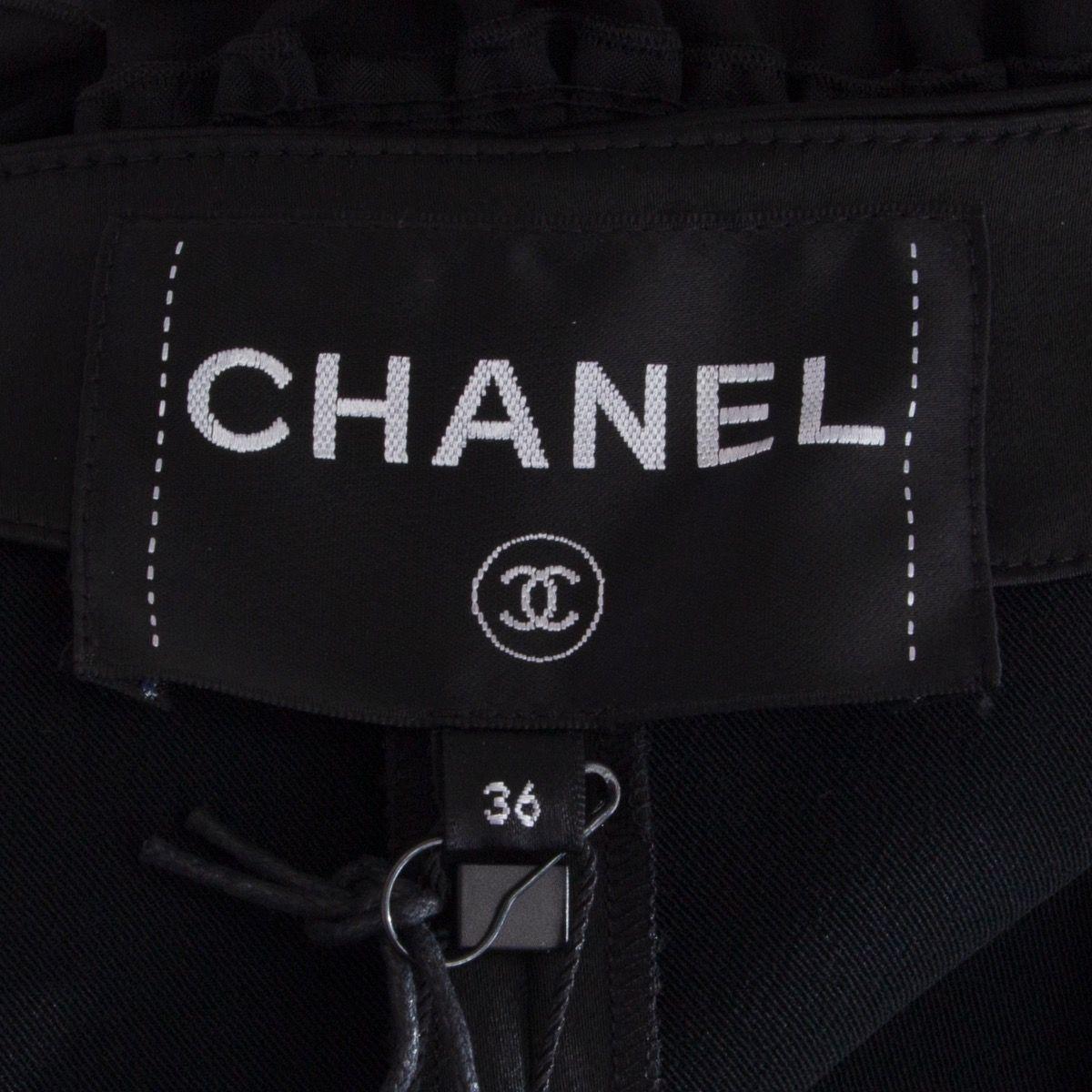 Women's CHANEL black satin Smocked Ruffle Jumpsuit 36 XS For Sale