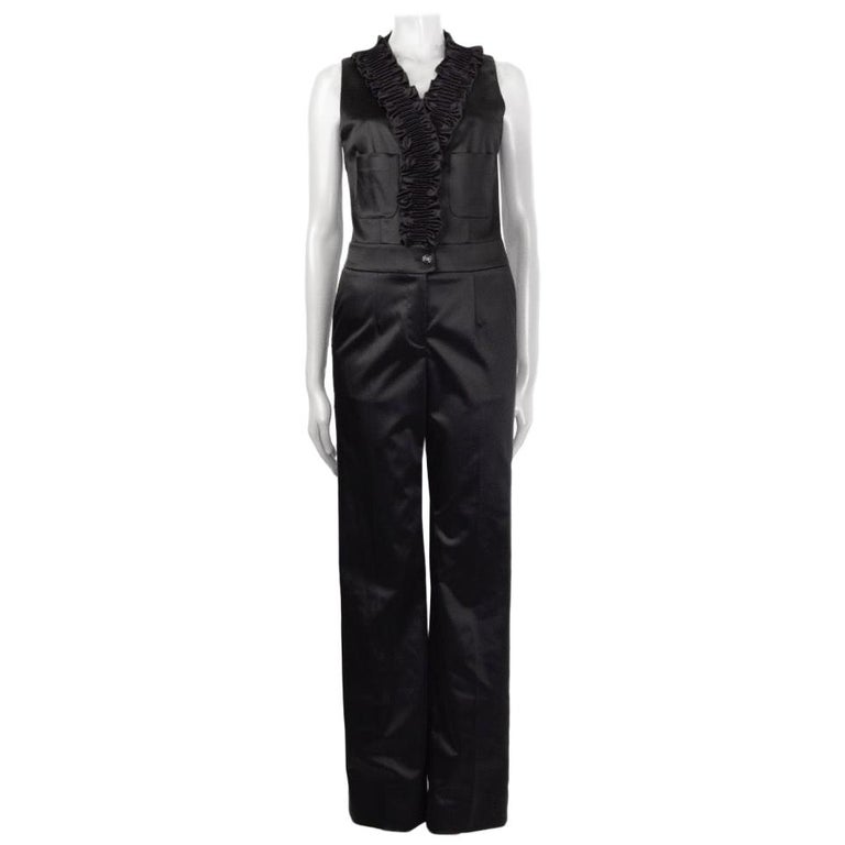 CHANEL black satin Smocked Ruffle Jumpsuit 36 XS For Sale