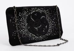 Chanel Black Satin Strass Camellia Clutch