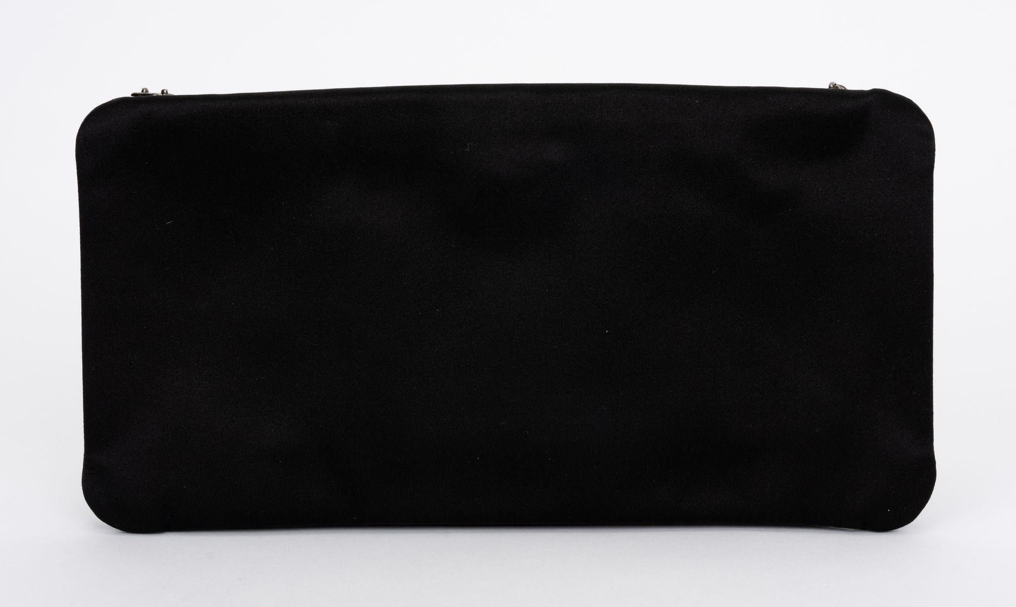 Chanel Black Satin Strass Camellia Clutch In Excellent Condition For Sale In West Hollywood, CA