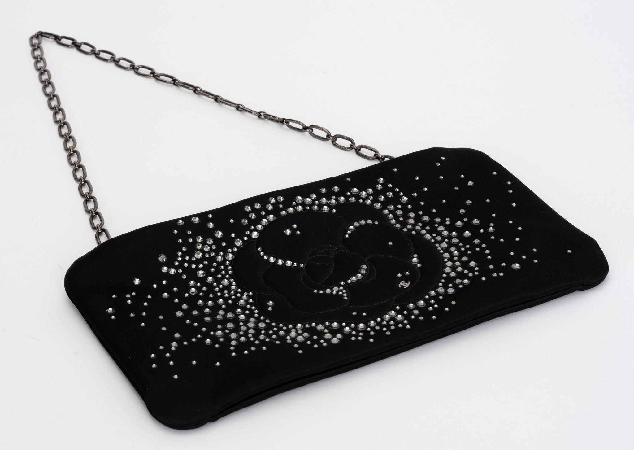 Women's Chanel Black Satin Strass Camellia Clutch For Sale
