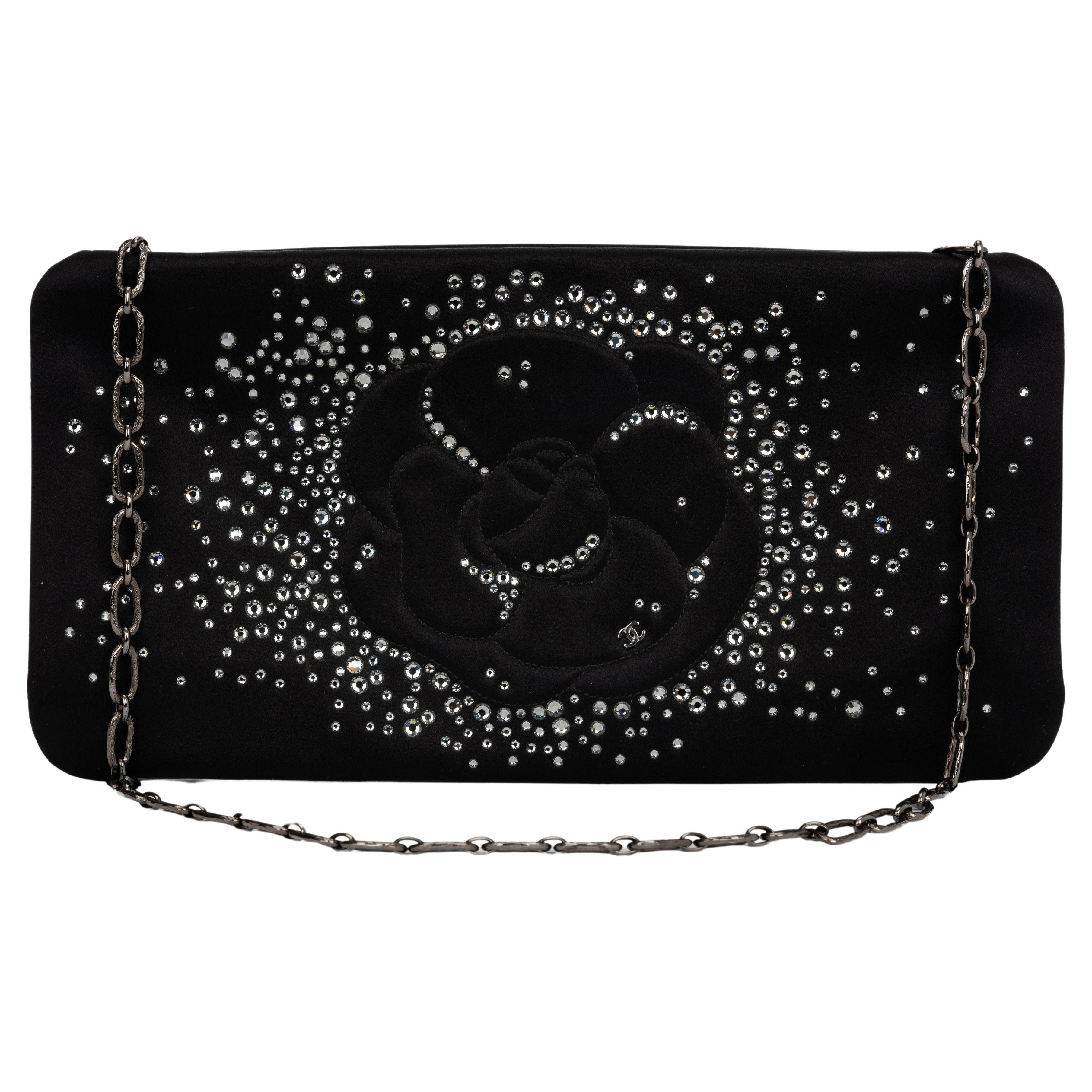 Chanel Black Satin Strass Camellia Clutch For Sale