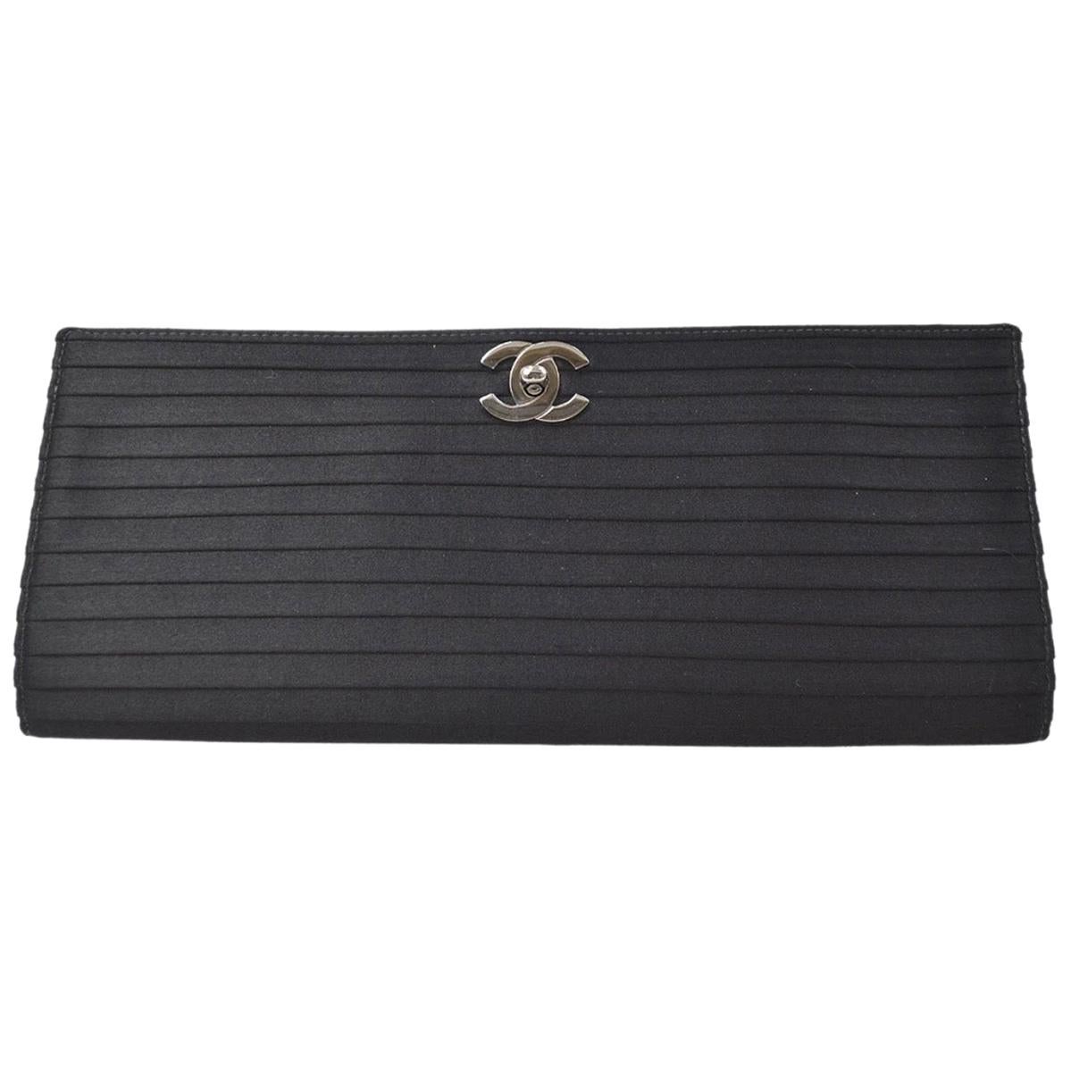 Chanel Black Satin Striped Silver CC Envelope Medium Evening Flap