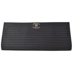 Chanel Black Satin Striped Silver CC Envelope Medium Evening Flap Clutch Bag