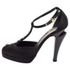 Chanel Black Satin Studded T-Strap Pumps Size 38