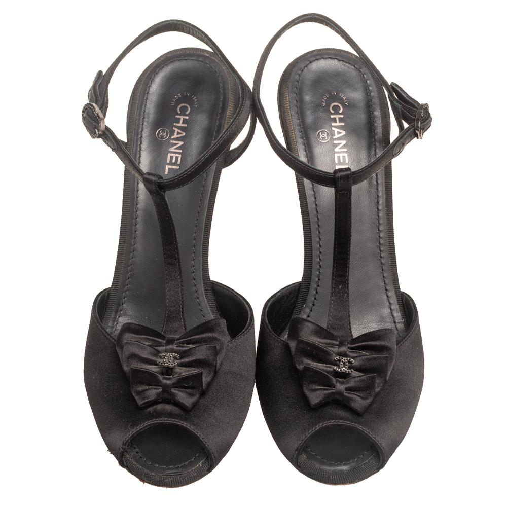 Chanel Black Satin T-Strap Bow Peep Toe Sandals Size 39 1