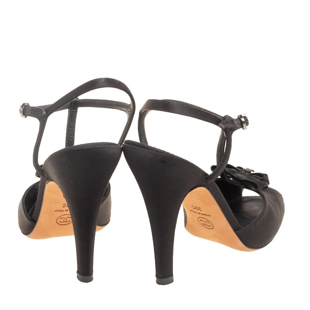 Chanel Black Satin T-Strap Bow Peep Toe Sandals Size 39 2