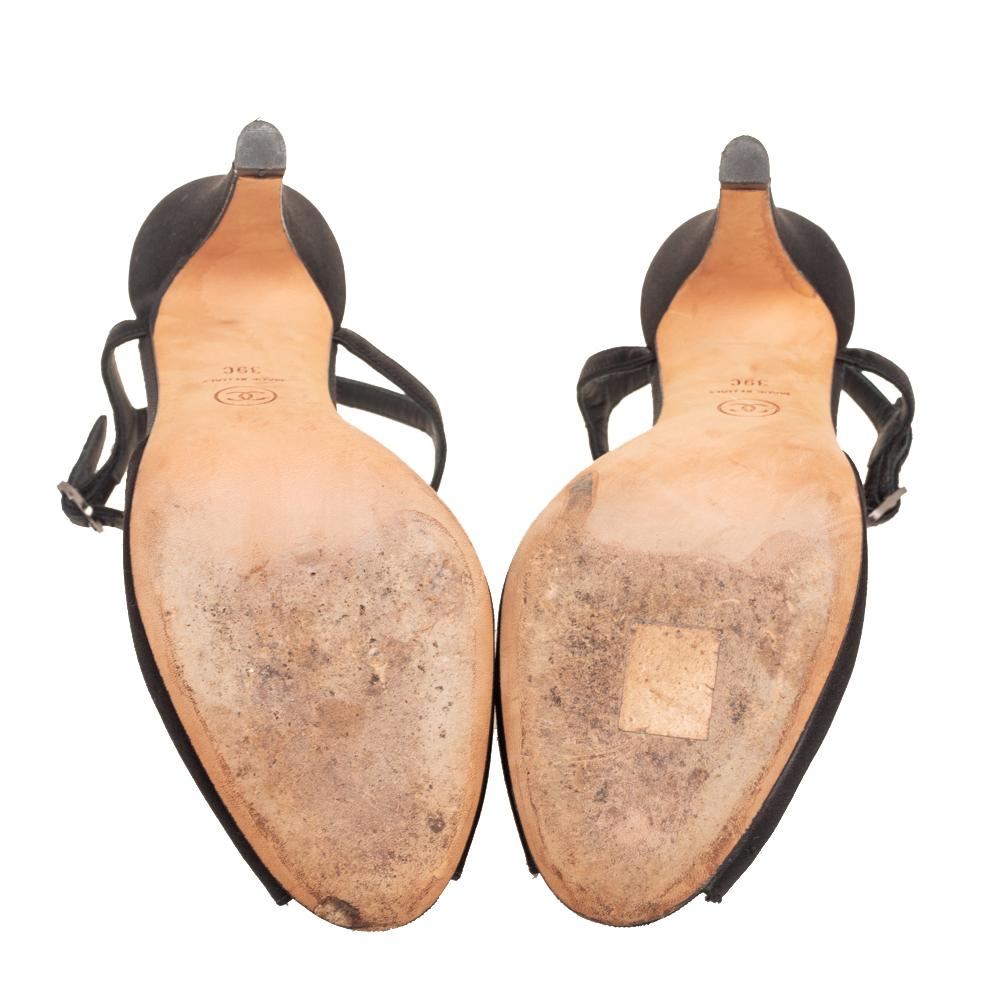 Chanel Black Satin T-Strap Bow Peep Toe Sandals Size 39 3
