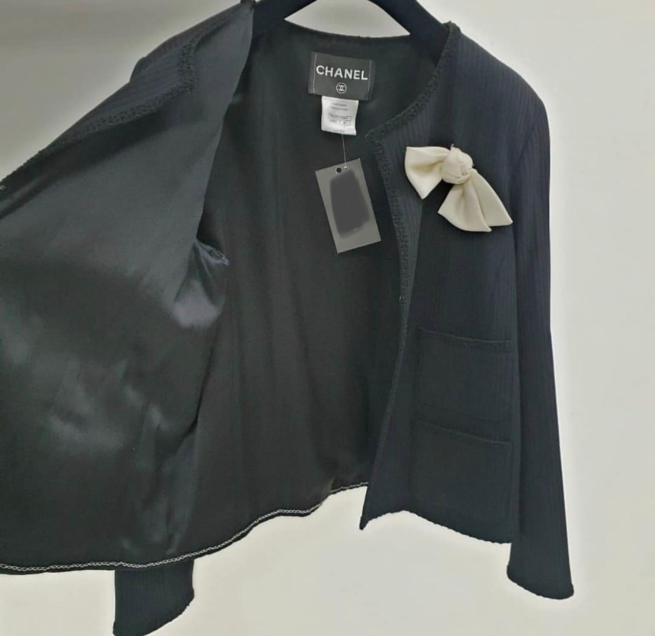 Chanel Black Self Stripe Bow Trim Jacket 3