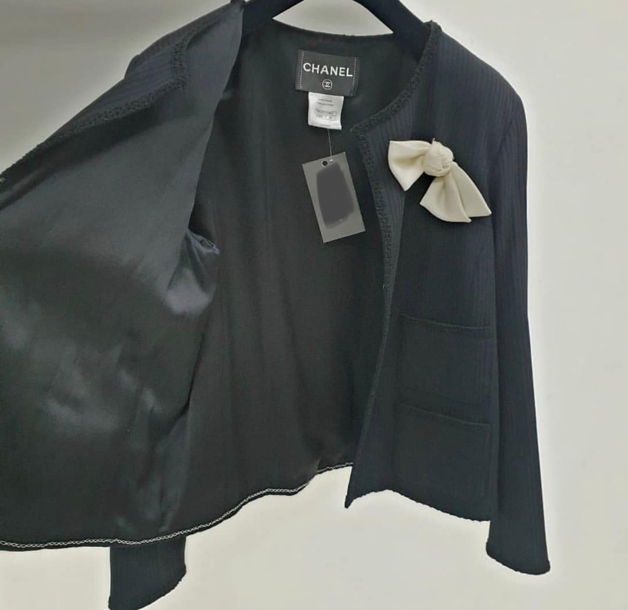 Chanel Black Self Stripe Bow Trim Jacket 4