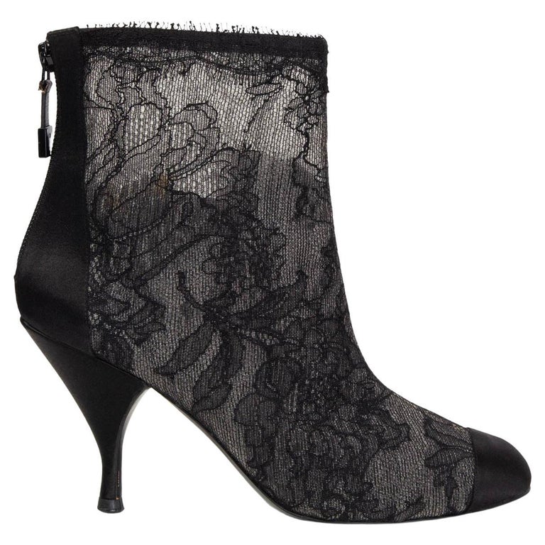 CHANEL black SEMI-SHEER LACE ANKLE Boots Shoes 36.5