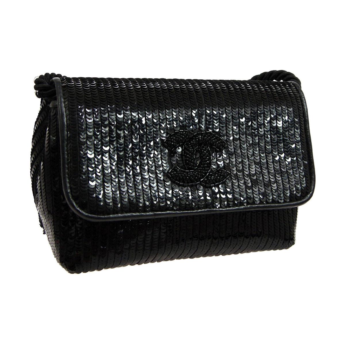 Chanel Black Sequin Beaded Fabric 2 in 1 Evening Clutch Shoulder Flap Bag 