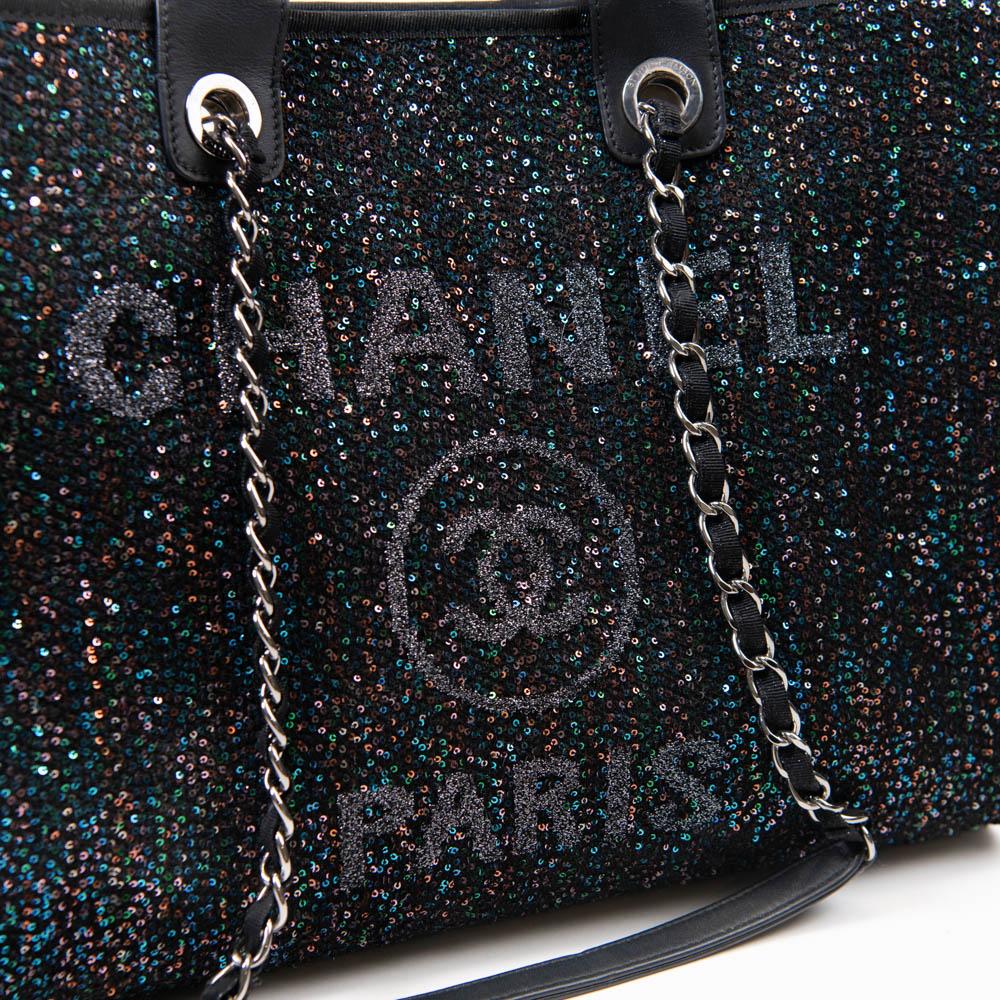 Chanel Black Sequin Canvas Medium Deauville Tote In Excellent Condition For Sale In Corona Del Mar, CA