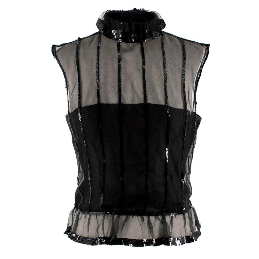 Chanel Black Sequin Embellished High Neck Sheer Top - Size US 6 For Sale