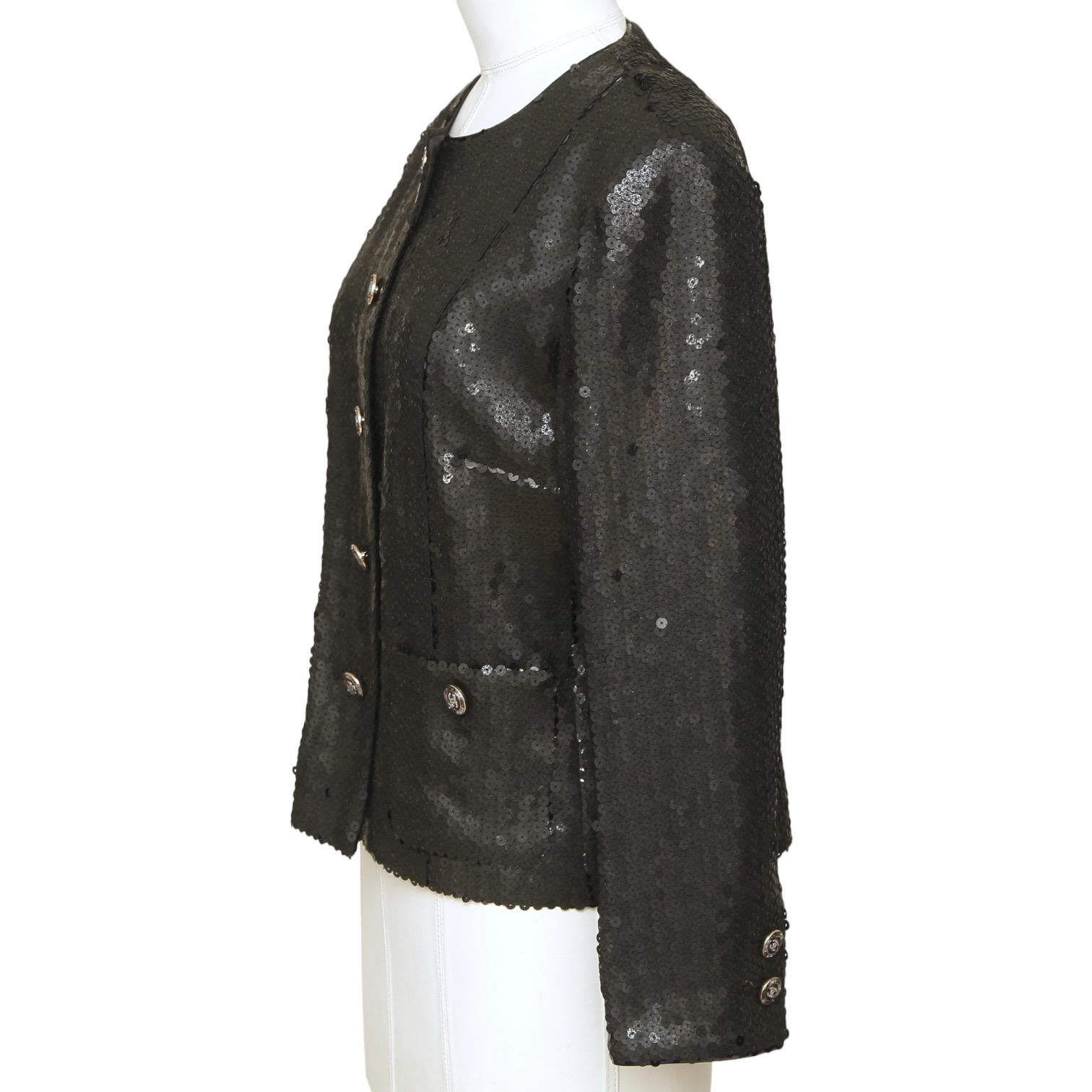 CHANEL Black Sequin Jacket CRUISE 2023 Paillette Long Sleeve Sz 38 $8800 NWT In New Condition In Hollywood, FL