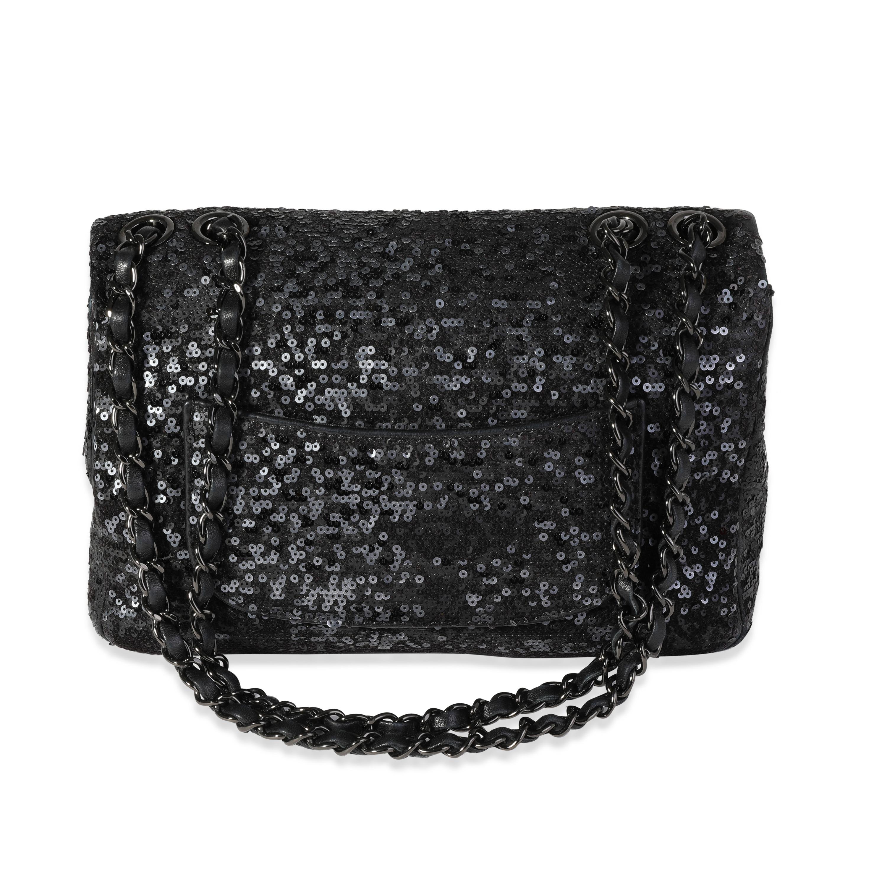 Chanel Black Sequin Lambskin Medium Single Flap Bag In Excellent Condition In New York, NY