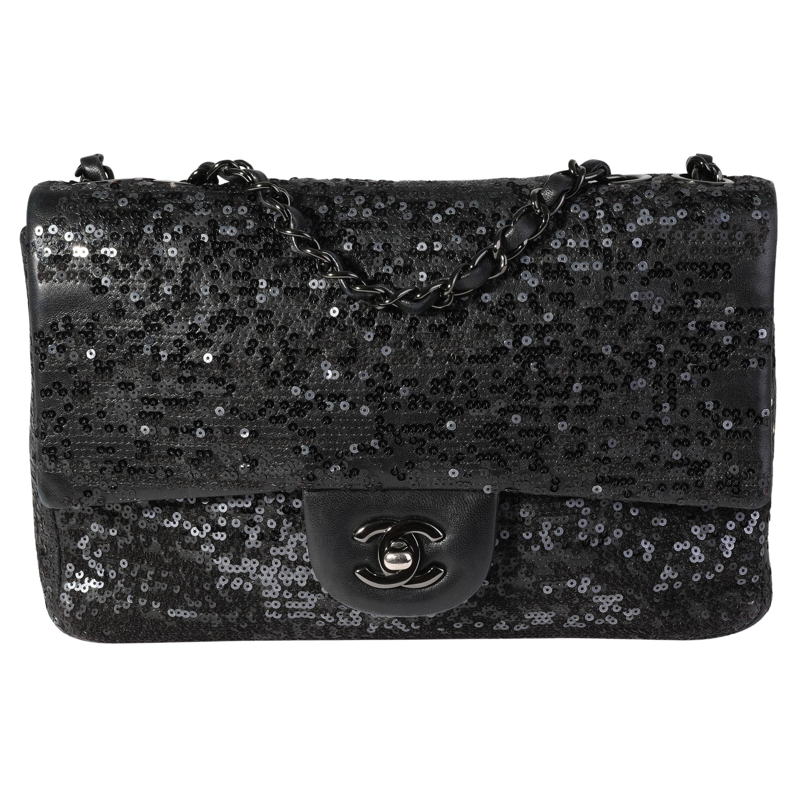 Chanel Black Sequin Lambskin Medium Single Flap Bag