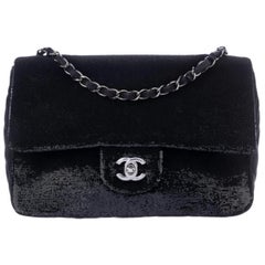 Chanel Black Sequin Leather Silver Gunmetal Medium Evening Flap Shoulder Bag
