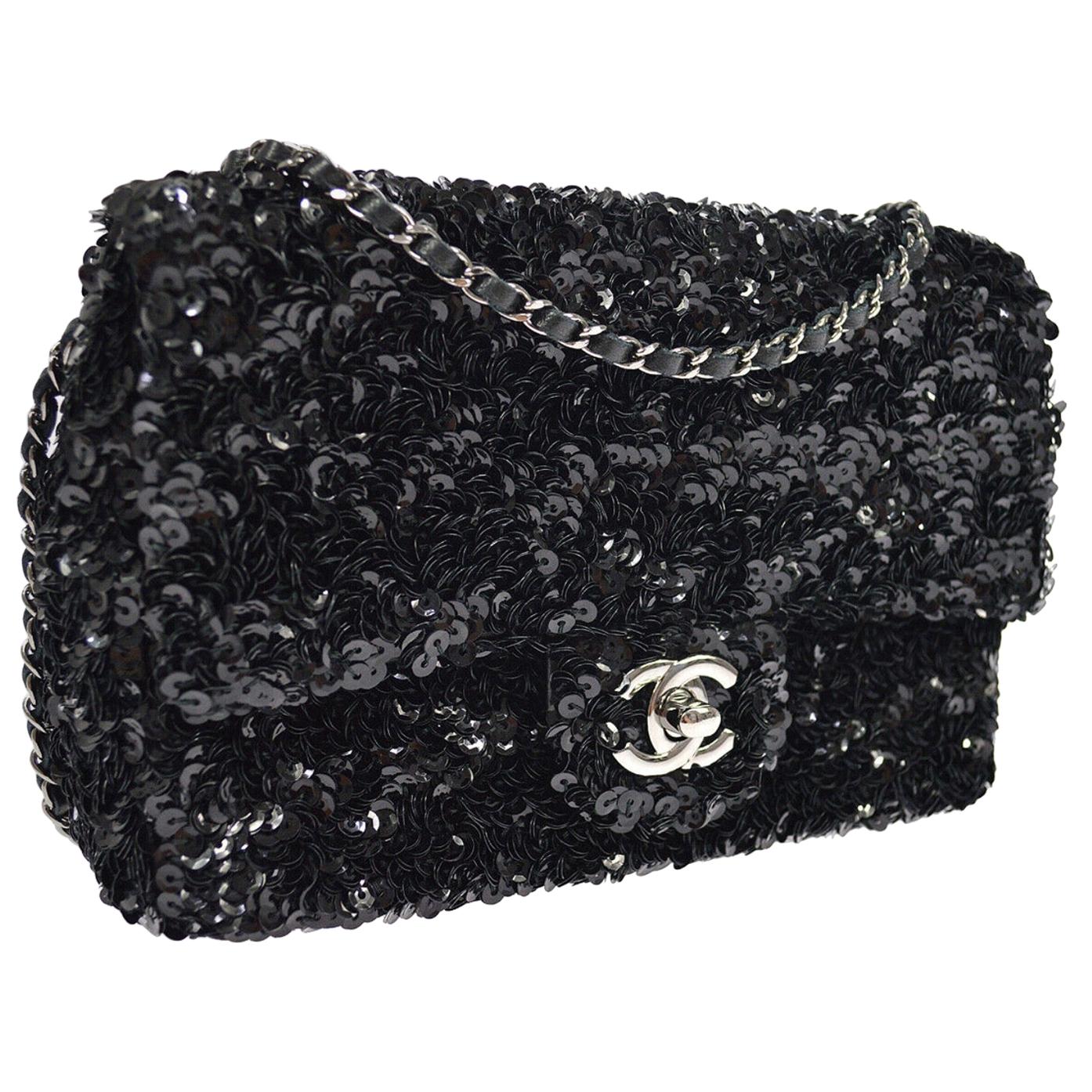 Chanel Black Sequin Silver Small Evening Shoulder Flap Bag