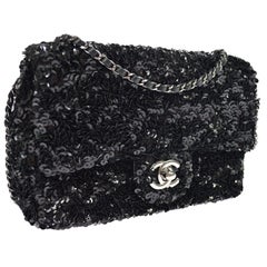 Vintage Chanel Black Sequin Silver Small Evening Shoulder Flap Bag