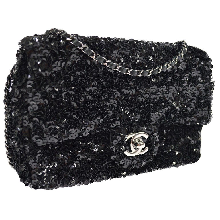 Chanel Black Sequin Silver Small Evening Shoulder Flap Bag at