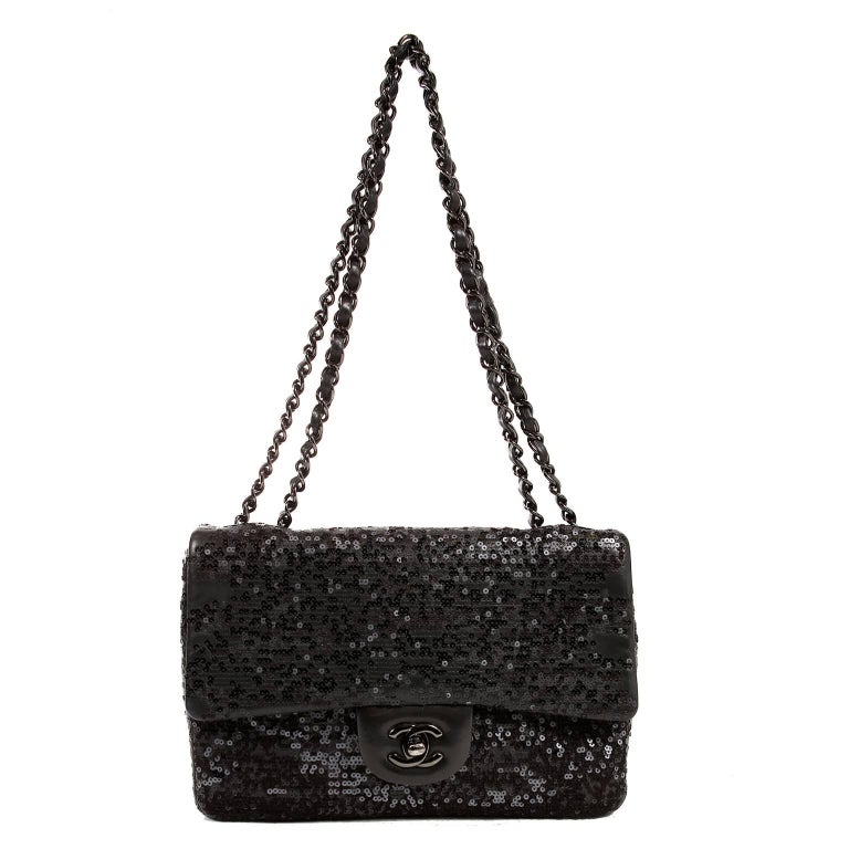 Chanel Black Sequin Single Flap Medium Bag at 1stDibs | chanel black ...
