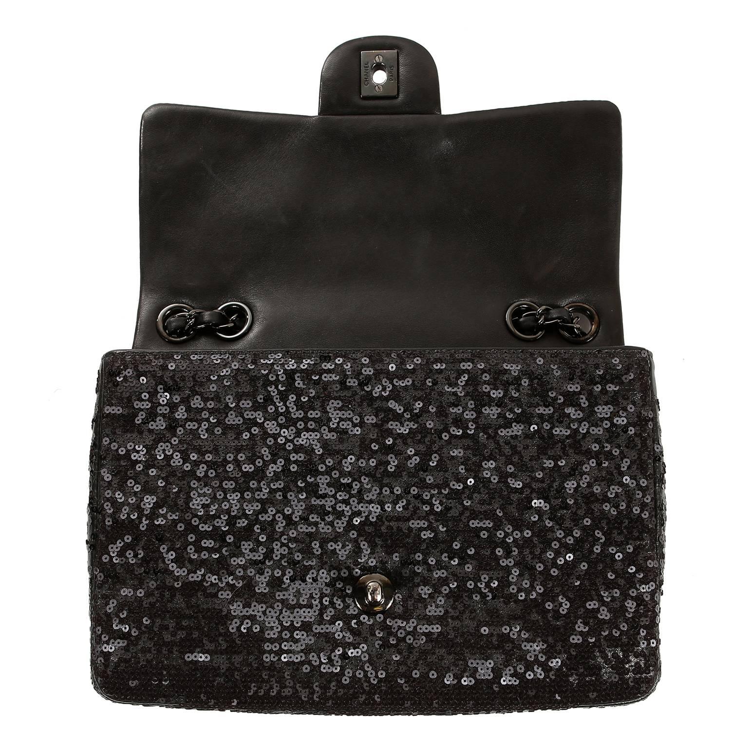 Chanel Black Sequin Single Flap Medium Bag 2