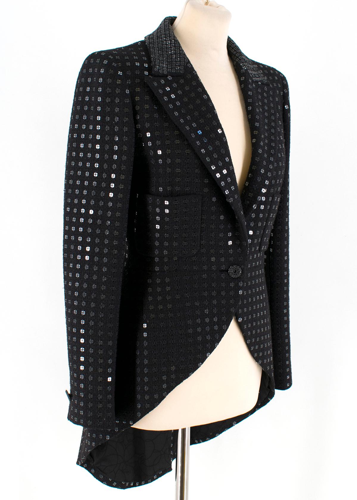 Chanel Black Sequin Tuxedo Jacket 

- Chanel Spring 2007 Collection 
- Black Tuxedo Jacket 
- Sequined thorughout 
- Peak lapel, single breasted 
- Dual front side slip pockets 
- Fluted Tail Blazer 
- Fully lined, silk lining 
- 50% Wool, 25% silk,