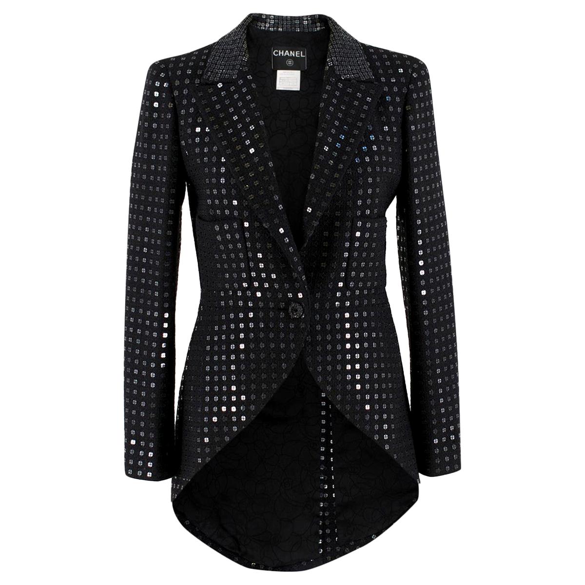 Chanel Black Sequin Tuxedo Jacket FR 38