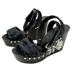Chanel Black Sequin Wooden Platform Wedges With White Flower Detail circa 2016