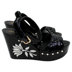 Chanel Black Sequin Wooden Platform Wedges With White Flower Detail circa 2016