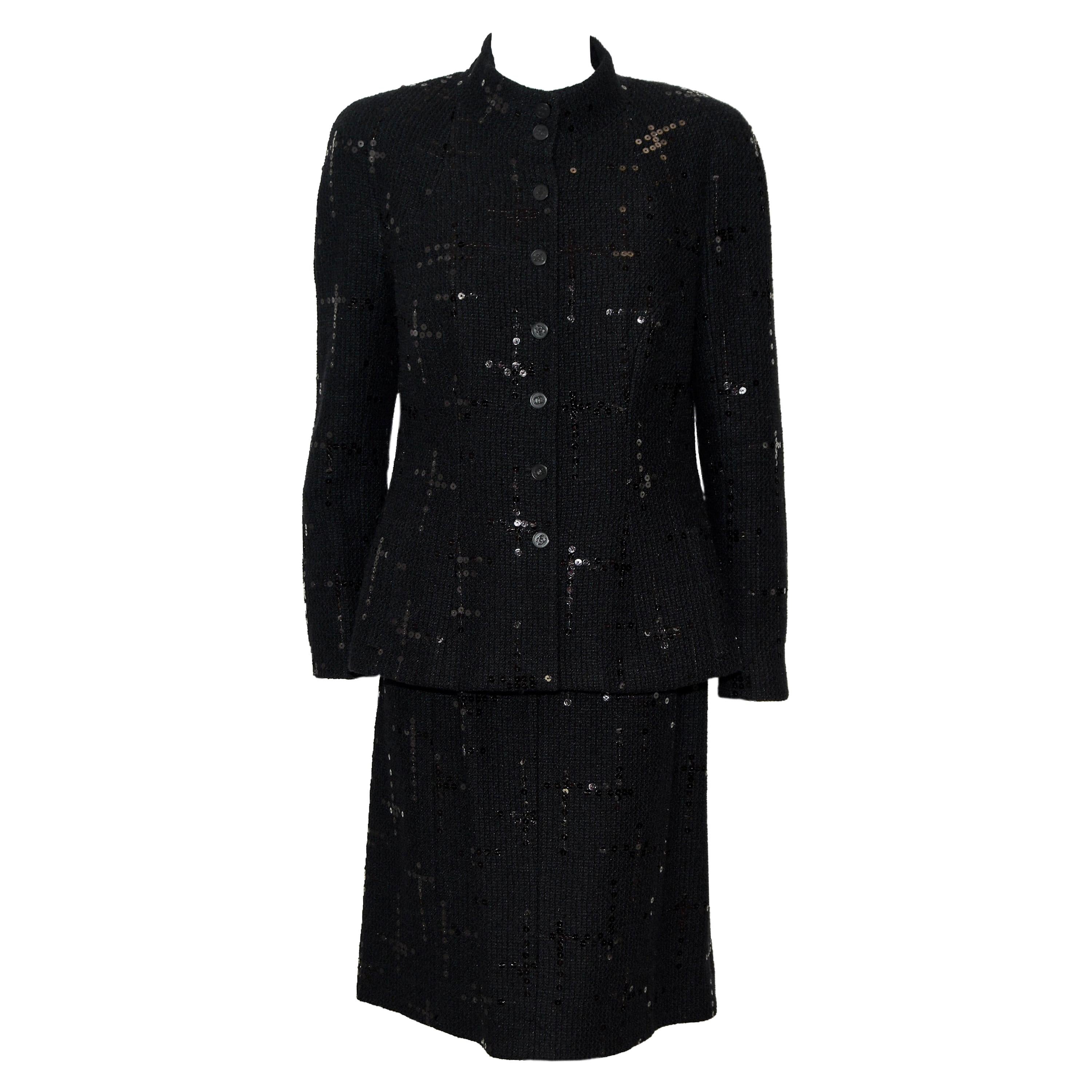 Chanel  Black Sequined Tweed Skirt Suit From 2002 Fall Collection For Sale