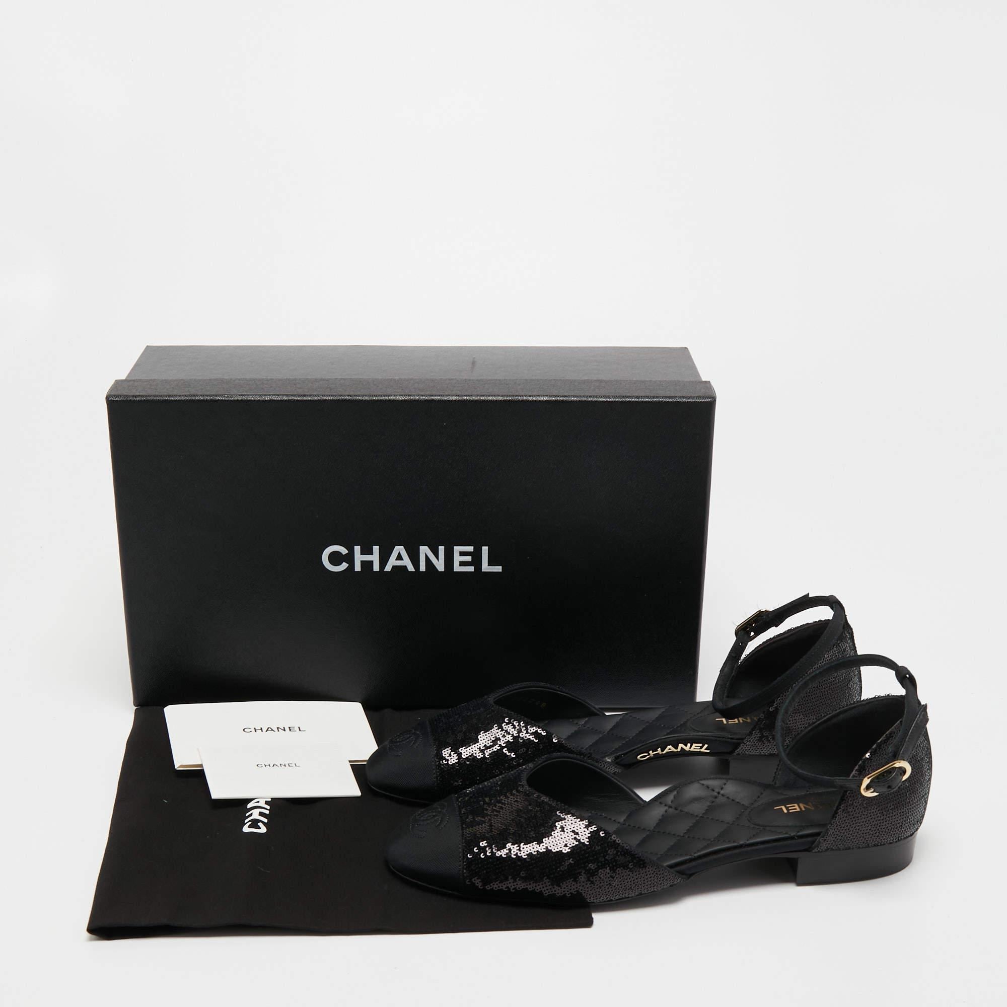 Chanel Black Sequins and Canvas CC Cap Toe Mary Jane Flats Size 39 6
