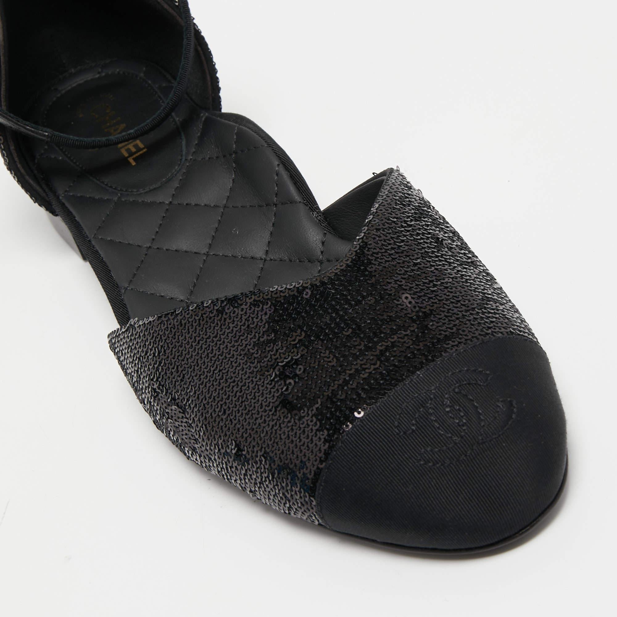 Chanel Black Sequins and Canvas CC Cap Toe Mary Jane Flats Size 39 5