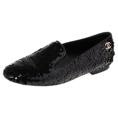 Chanel Black Sequins CC Smoking Slippers Size 37.5