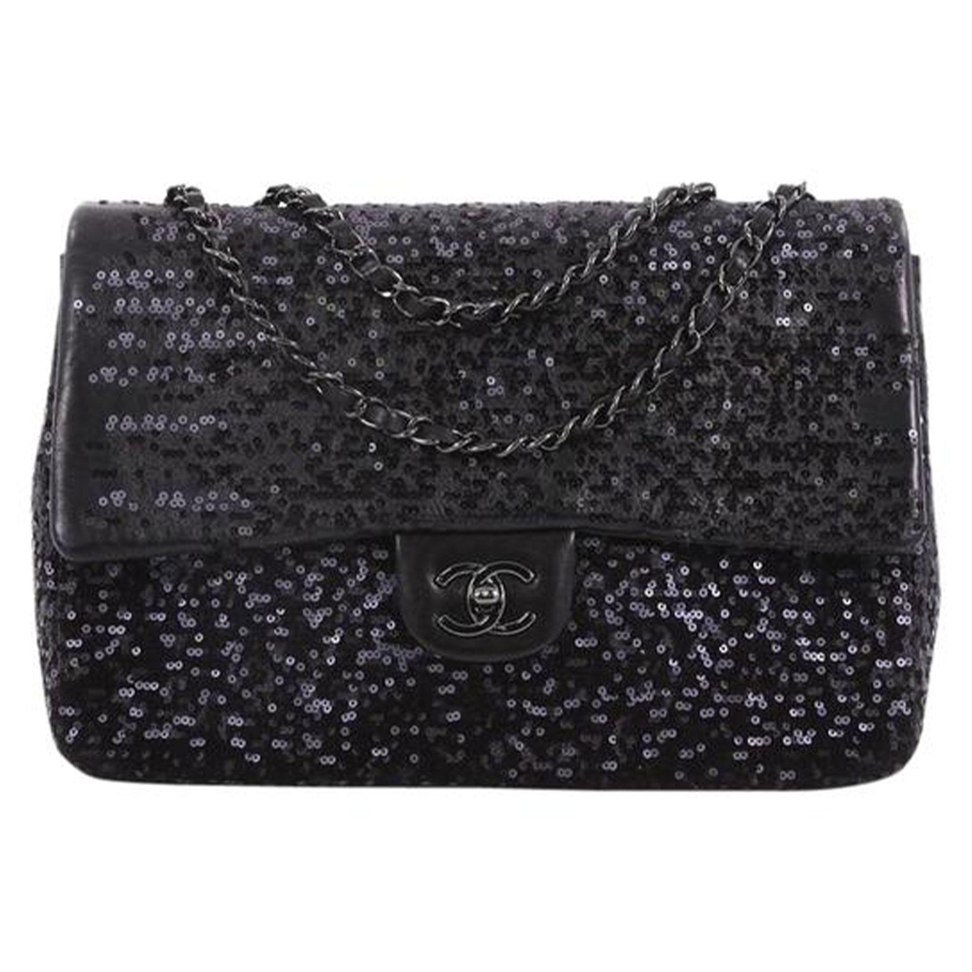 Chanel Black Sequins So Classic Jumbo Maxi Shoulder Bag For Sale 4
