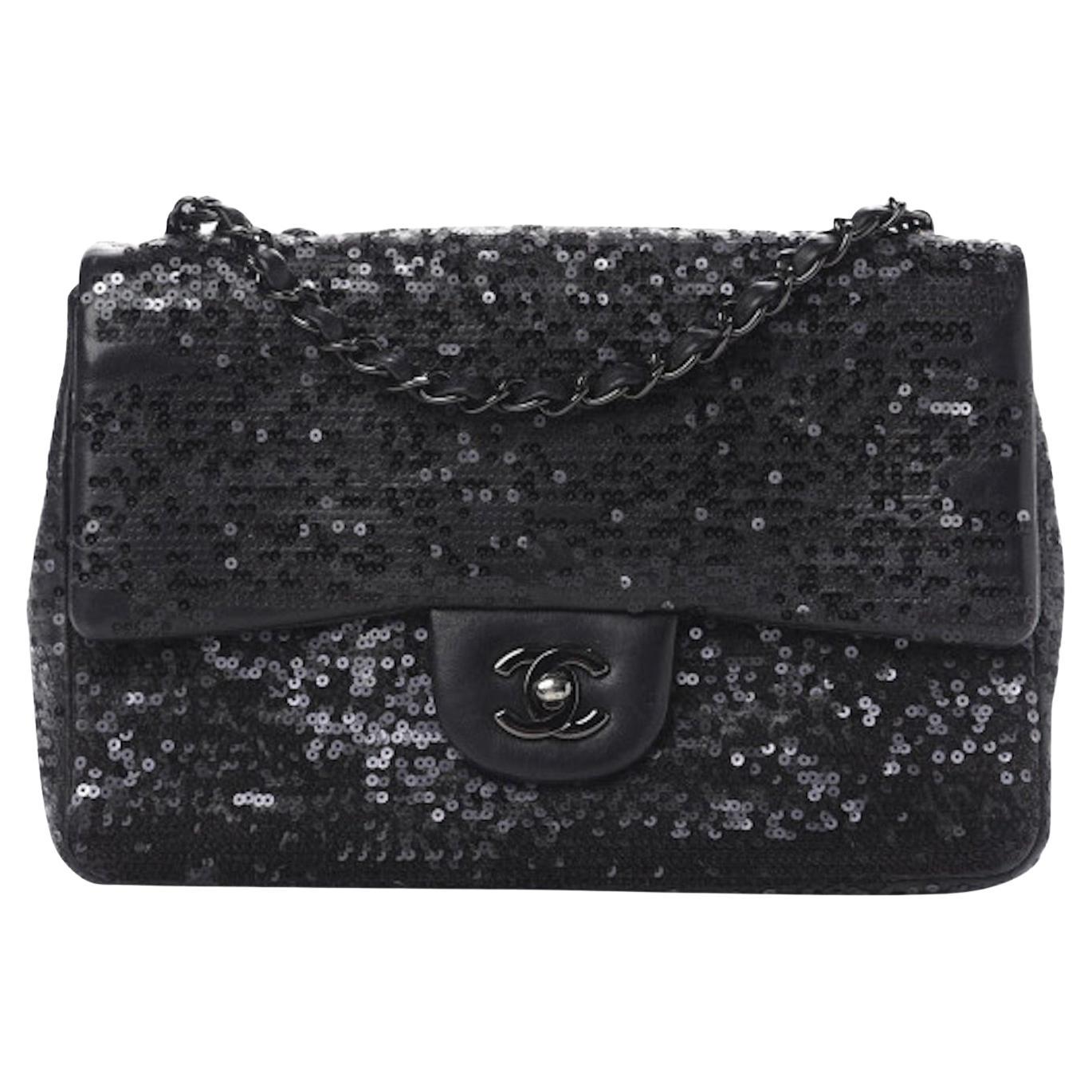 Chanel Black Sequins So Classic Jumbo Maxi Shoulder Bag For Sale