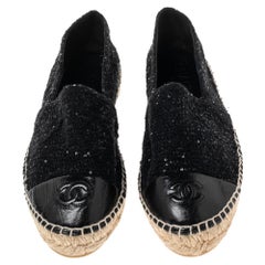 Chanel Black Sequins Tweed and Leather CC Cap Toe Espadrille Flats Size 39