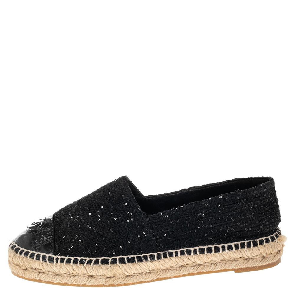 Chanel Black Sequins Tweed and Leather CC Cap Toe Espadrille Flats Size 39 1
