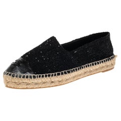 Chanel Black Sequins Tweed and Leather CC Cap Toe Espadrille Flats Size 39