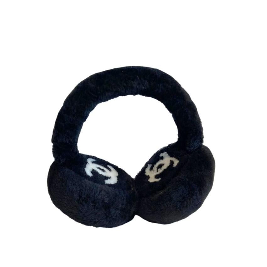 Chanel Black Shearling CC Logo Earmuffs For Sale