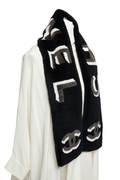 Chanel Black Sheepskin 3D Logo Scarf New